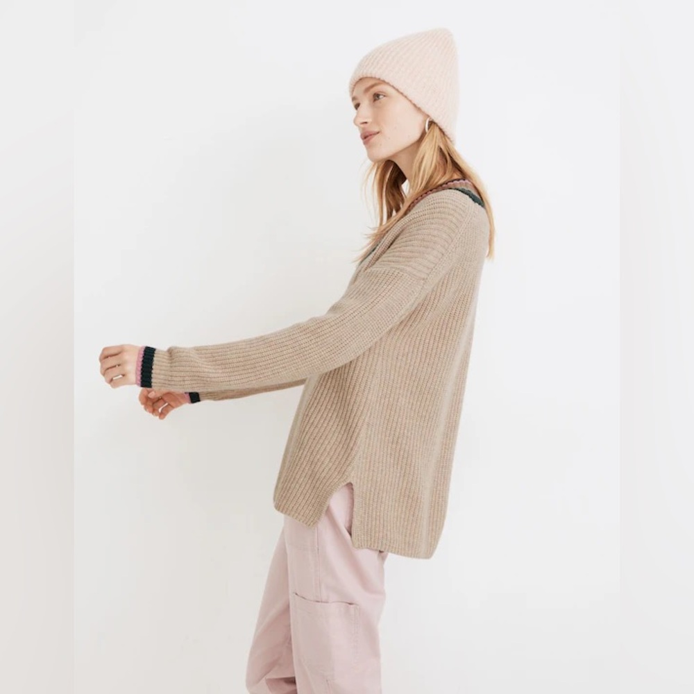 MADEWELL Tipped Forrest V-Neck Sweater Heather Birch Wool Knit Size Medium - Picture 3 of 9